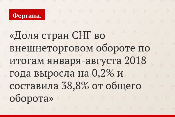 Доля стран СНГ во внешнеторговом обороте по итогам января-августа 2018 года выросла на 0,2% и составила 38,8% от общего оборота