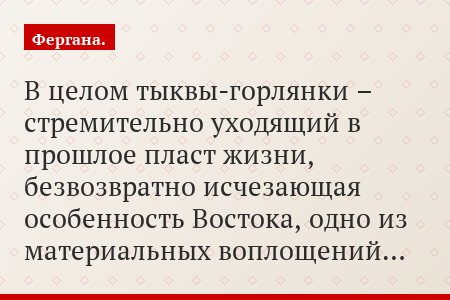В целом тыквы-горлянки – стремительно уходящий в прошлое пласт жизни, безвозвратно исчезающая особенность Востока, одно из материальных воплощений…