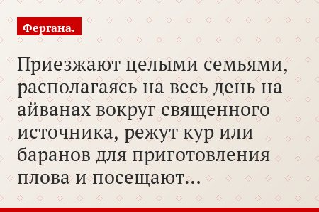Приезжают целыми семьями, располагаясь на весь день на айванах вокруг священного источника, режут кур или баранов для приготовления плова и посещают…