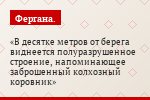 В десятке метров от берега виднеется полуразрушенное строение, напоминающее заброшенный колхозный коровник