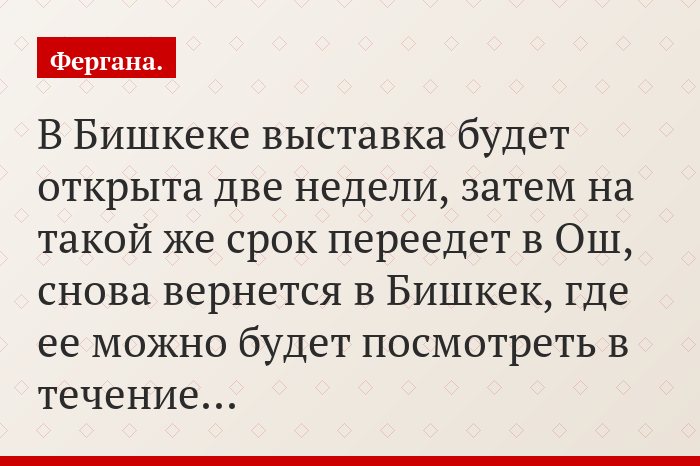 В Бишкеке выставка будет открыта две недели, затем на такой же срок переедет в Ош, снова вернется в Бишкек, где ее можно будет посмотреть в течение…