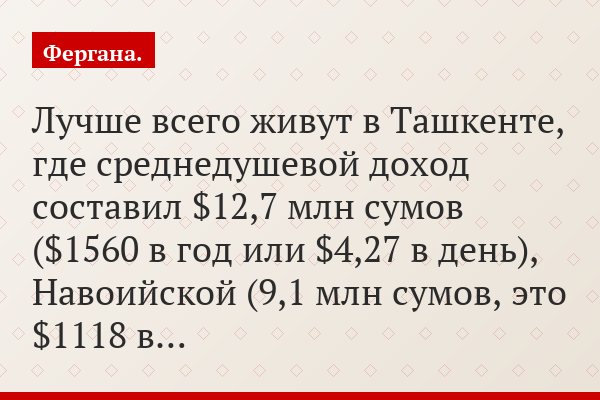 Лучше всего живут в Ташкенте, где среднедушевой доход составил $12,7 млн сумов ($1560 в год или $4,27 в день), Навоийской (9,1 млн сумов, это $1118 в…