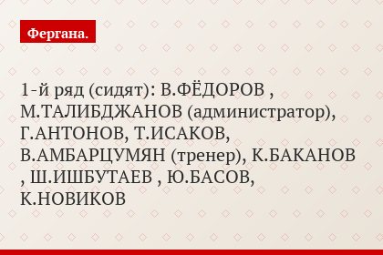 1-й ряд (сидят): В.ФЁДОРОВ , М.ТАЛИБДЖАНОВ (администратор), Г.АНТОНОВ, Т.ИСАКОВ, В.АМБАРЦУМЯН (тренер), К.БАКАНОВ , Ш.ИШБУТАЕВ , Ю.БАСОВ, К.НОВИКОВ