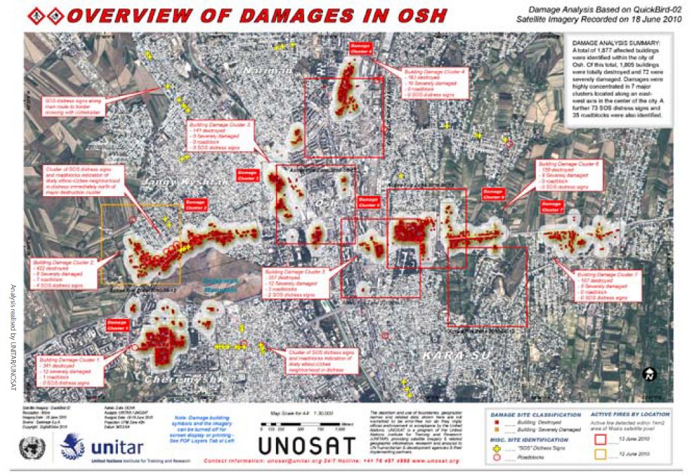 Overview of damages in Osh, by Unosat
